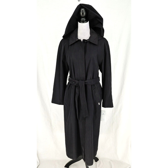 London Fog Jackets & Blazers - London Fog Trench Coat Petite 10P Black Hooded Water Repellant Belted Rachel New